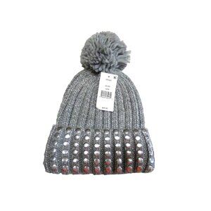 DKNY Flat-Stud Metallic Rib-Knit Beanie, Silver/  Gray